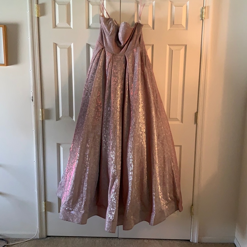 women’s strapless rose gold gown